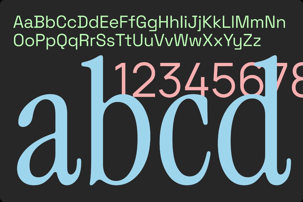 Typografie-Grafik mit Alphabet, Zahlen und Buchstabenproben